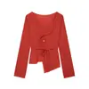 Camisa de Manga Larga Diagonal Asimétrica con Corbata para Mujer, Cuello en V, Ceñida a la Cintura, Diseño de Tirantes de Corbata, Múltiples Colores en Stock