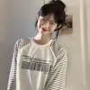 Camiseta Redonda de Manga Larga con Estampado de Código de Barras Creativo para Mujer Casual Holgada Chic Costuras de Color Contrastante Moda Versátil
