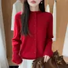 Cardigan de Tricô Jacquard Vazado Pesado Feminino, Gola Redonda, Casaco Suéter Macio e Fofo, Solto, Peça Externa Elegante