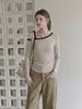 Camiseta de manga larga con hombros descubiertos y tirantes a rayas azul marino estilo coreano para mujer, diseño corto ajustado para otoño
