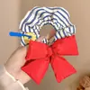 Novo Elástico de Cabelo de Tecido Listrado Vermelho Coreano com Laço Azul Corda de Cabelo Acessório de Cabeça Elástico de Cabelo Versátil da Moda Personalização