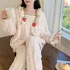 Pijama de Coral Fleece para Mujer Otoño e Invierno Nuevo Estilo Dulce de Princesa Engrosado de Manga Larga Cálido Ropa de Casa traje Portátil