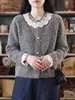 Cárdigan de punto tweed estilo francés, abrigo de piel sintética de visón, nueva colección de otoño, diseño versátil con botones de perla y ribete de encaje