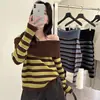 Suéter de tricô listrado de um ombro estilo coreano para mulheres, com toque outono/inverno, suéter macio e "glutinoso", linda peça para usar por baixo, top tomara que caia, cor café, tamanho único