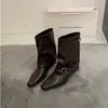 Botas de Pantalón de Piel Suave con Tacón Grueso y Punta Cuadrada 2026 Otoño/Invierno Nuevas Botas Cortas con Hebilla Botines Cortos Adelgazantes Retro