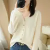 Suéter de punto para mujer personalizado de fábrica, fino, cuello redondo, color liso, jersey, top corto elegante, cárdigan de otoño con cuello en V para mujer