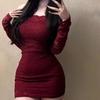Vestido de hombros descubiertos Spice Girl para mujer Otoño e Invierno Nuevo Elegante Ajustado Delgado de Manga Larga de Encaje Falda de Cadera