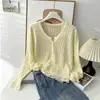 Suave suéter de punto calado con manga larga para mujer, nuevo estilo de verano, fino y ligero, con ribete de encaje, corte holgado, prenda exterior versátil