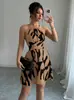 Vestido de cuello halter con estampado de espiga y flecha en color café y blanco roto, transfronterizo europeo y americano 2026, para fiestas y vacaciones