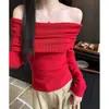 Top de punto rojo estilo francés ajustado de manga larga de un hombro para mujer, Año Nuevo Chino 2026 Otoño, Ropa interior sexy, Top sin hombros