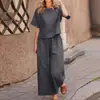 Amazon Traje Casual de Algodón y Lino Color Sólido para Mujer Transfronterizo Verano Nuevo Camiseta de Manga Corta Pantalones de Pierna Ancha Conjunto de Dos Piezas para Mujer