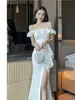 Vestido Negro Estilo Hepburn Francés para Mujer, Verano de Gama Alta Elegante Ceñido a la Cintura Vestido de Fiesta de Cumpleaños con Falda Larga de Abertura