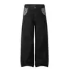 Jeans Retrô Americano Color Block Estrela Bolso Jeans Cru Masculino Feminino Solto Casual Reto Perna Larga Calça Longa Tendência