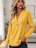 Amazon Cross-Border Roupas Femininas Outono e Inverno Novo Estilo Gola V Fashion Versátil Elegante Design de Botões Texturizado Cor Sólida Top