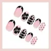 Comércio Exterior Mais Vendido Flor Preta Bolinhas Listrado Usável Oval Francês Unhas Postiças 24 Peças Unhas Postiças Prontas
