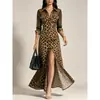 2026 Estação Independente Transfronteiriça Estilo Europeu e Americano Estampa de Leopardo Malha Costurada Moda Casual Fenda Vestido Feminino