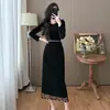 Vestido de Terciopelo Otoño e Invierno Tallas Grandes con Borlas Empalmadas Abalorios Pesados Elegante Ajustado de Terciopelo Tela de Punto Negra