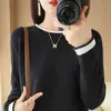 Suéter fino de punto de retazos elegante para primavera y otoño, top de algodón de punto para mujer, cuello redondo, manga larga, corte holgado, top corto básico
