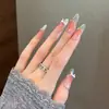 Unhas Francesas Azuis Usáveis Manicure de Laço Unhas Postiças Prontas para Usar Removíveis Médias Ovais Clareadoras