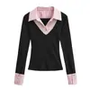 Camisa Gola Listrada Patchwork Estilo Americano Menina Picante Manga Longa Falsa Peça Dupla Outono Tendência Versátil Slim-Fit Top Básico para Mulheres