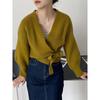 Cardigan Corto de Punto para Mujer con Cuello en V y Lazo, Chaqueta de Punto con Diseño