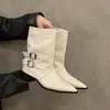 Botines altos de tacón alto con punta fina en color marrón para mujer, nuevos botines sencillos para primavera y otoño 2026, botines de caña recta con hebilla de cinturón retro