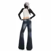 Nuevos pantalones vaqueros acampanados para mujer, estilo retro americano, adelgazantes, de cintura alta, hasta el suelo, lavados, desgastados, en azul oscuro y gris
