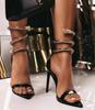 Tacones Altos Sandalias de Tacón Alto Cierre Mujer Talla Grande Tacones Altos Puntiagudos con Pedrería Negra Comercio Exterior Zapatos de Serpiente