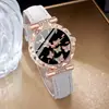 Relojes de Moda de Cuero para Mujer Esfera de Mariposa con Pedrería Reloj de Cuarzo Pulseras de Muñeca Mujeres