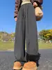 Calça de Lã Grossa Cinza Escuro com Barra Curva Feminina Outono Novo Cintura Alta Emagrecedora Wide-Leg Calça Esportiva de Perna Reta com Veludo
