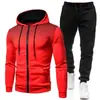 Nova coleção outono e inverno: Moletom e calça de moletom de cor sólida estilo europeu e americano, conjunto esportivo casual masculino com zíper e estampa de bolinhas, com capuz