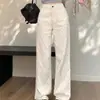 Pantalones Vaqueros Casuales de Jacquard Blancos de Corte Holgado para Mujer, Pantalones de Pierna Recta de Cintura Alta para Invierno, Pantalones de Pierna Ancha hasta el Suelo