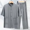 Conjunto de Camisa de Manga Curta com Gola Alta para Homens de Meia-Idade e Idosos, Conjunto Casual de Duas Peças com Gola Alta Estilo Tang para Homens, Roupa de Vovô