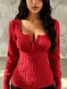 Amazon Wish Suéter de Punto Trenzado para Mujer Primavera y Otoño Estilo Europeo y Americano Chica Popular Manga Larga Ajustado Cuello Cuadrado Top Venta al por Mayor En Stock