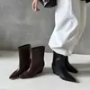 Botas femininas de cano médio com salto grosso e couro bovino de duas camadas, novo estilo outono, botas de moda pontudas de couro genuíno com salto alto, botas de montaria femininas
