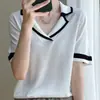 Top de punto de seda helada ajustado estilo francés con cuello de traje, blusa de manga corta para mujer, verano 2023
