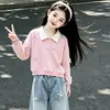 Conjunto Duas Peças Doce e Fofo para Meninas Primavera e Outono: Blusa de Manga Longa com Gola Polo e Laço + Calça Jeans com Estrelas