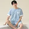 Pijama de Pareja Verano Hombres Algodón Puro Rayas Manga Corta Pantalones Cortos Agradable a la Piel Casual Talla Grande Hombres Delgado Conjunto de Ropa para el Hogar