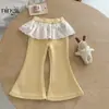 Pantalones acampanados elegantes para niña con estampado de limón, nuevo estilo de otoño para bebé niña, versión coreana, pantalones largos de encaje, para primavera y otoño, pantalones de chándal versátiles