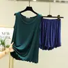 Chaleco de Modal con Cuello Redondo para Mujer Verano Delgado Conjunto de Dos Piezas con Borde de Oreja talla grande Traje de Shorts Adelgazantes Casual Hogar