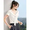 Camiseta Gola Marinheiro Laço Estilo Náutico Suave Verão 2026 Novo Estilo Renda Patchwork Ombro Normal Ajustada