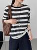 Camiseta Listrada Relaxada Estilo Coreano para Mulheres, 6 Lã Gola Redonda Cor Versátil Blusa de Tricô Color Block D6136
