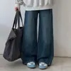 Conjunto casual de estilo coreano para niñas, sudadera con bloques de color y estampado de perro con cuello camisero y jeans de pierna ancha, conjunto de dos piezas para niños mayores, moderno atuendo de otoño