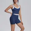 Conjunto de yoga a rayas de colorblock estilo europeo y americano, top sin mangas acanalado deportivo, shorts con espalda bonita, ropa de fitness, conjunto para correr y entrenar para mujer