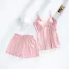 Pijama de Seda Hielo Personalizado de Fábrica para Mujer, Bata Ligera de Tirantes Finos de Espagueti para Verano, Conjunto de Cinco Piezas con Almohadillas en el Pecho, Ropa de Casa de Manga Larga