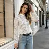 Camisa de encaje jacquard estilo europeo y americano para mujer, nuevo modelo de otoño 2026, alta gama, entallada a la cintura, blanca, top de cuello mao, elegante ropa para mujer