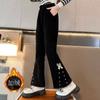 Calça Infantil Outono 2025 Nova Roupa de Outono e Inverno Forrada com Lã Moda Flare Calça de Pierna Larga Primavera e Outono Calça Preta