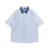 Camisa listrada japonesa de manga curta listrada masculina e feminina rua gola jeans costura jovem namorado solto camisa casal