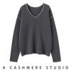 Tricô de Cashmere com Gola V Outono/Inverno 2025 para Mulheres, Tricô Pulôver Solto Estilo Preguiçoso, Tricô Casual Simples, Macio e Sedoso