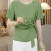 Camiseta de Manga Corta Lisa de Estilo Europeo para Mujer Talla Grande, Nuevo Estilo Verano 2025, Corte Holgado, Adelgazante, Top de Moda